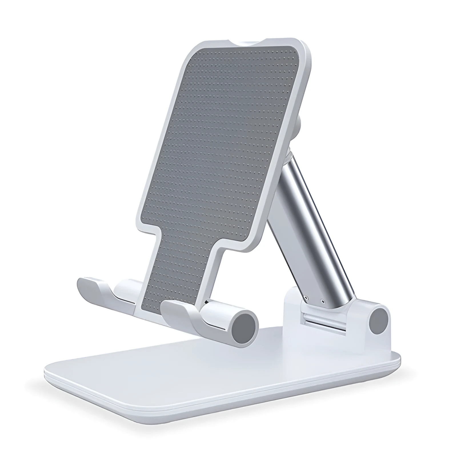 Desktop mobile phone holder in white lazy bracket design for hands-free tablet and phone viewing on a desk