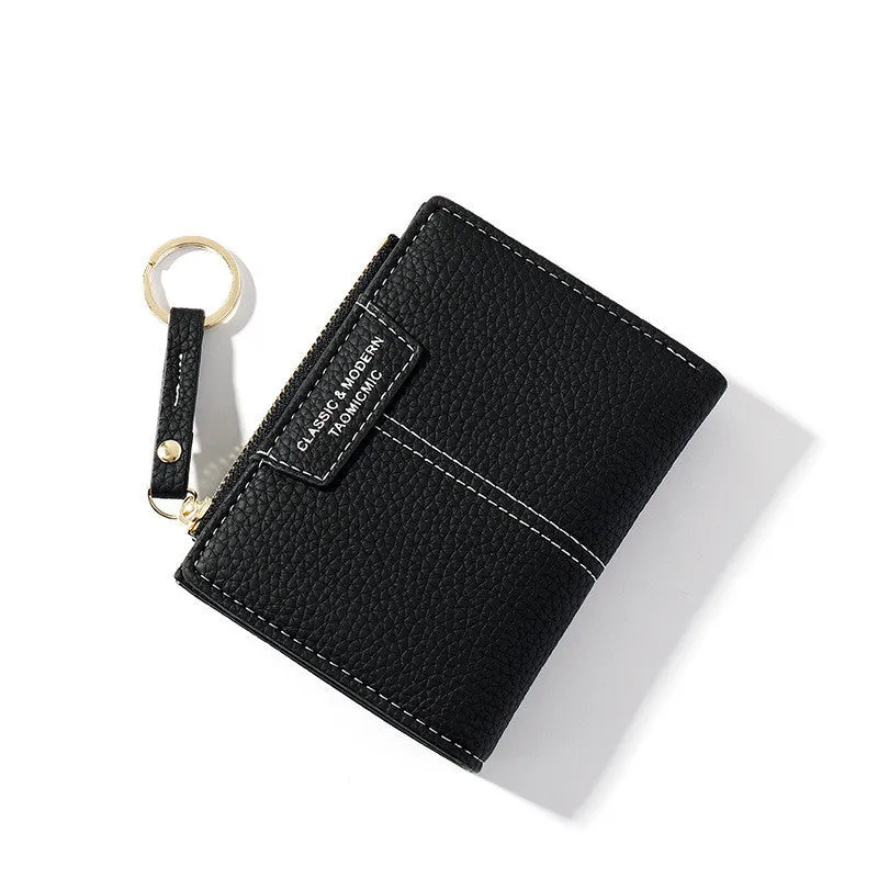 Women's PU leather short zipper two-fold wallet with card slots and coin purse in Korean style, black colour