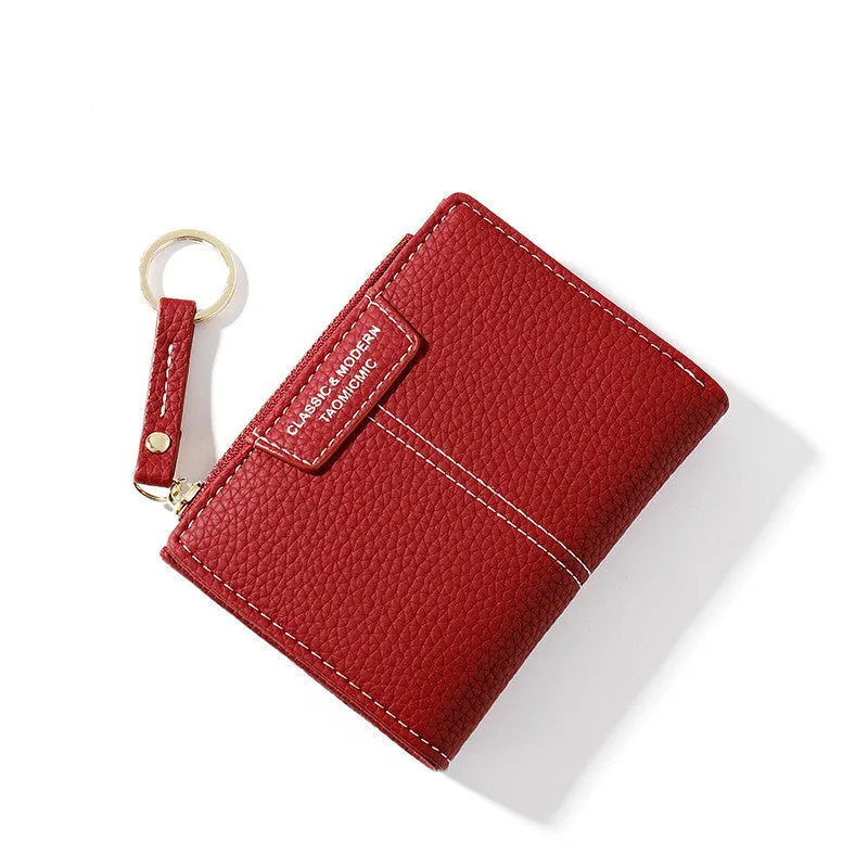 Women's PU leather short zipper two-fold wallet with card slots and coin purse in Korean style, black colour