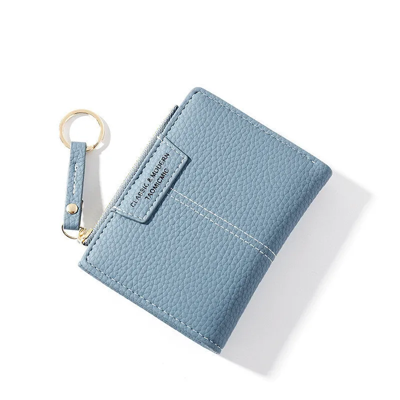 Women's PU leather short zipper two-fold wallet with card slots and coin purse in Korean style, black colour