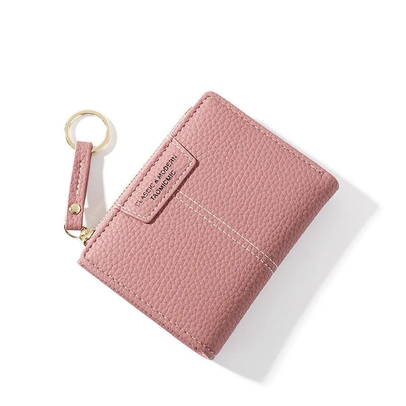 Women's PU leather short zipper two-fold wallet with card slots and coin purse in Korean style, black colour