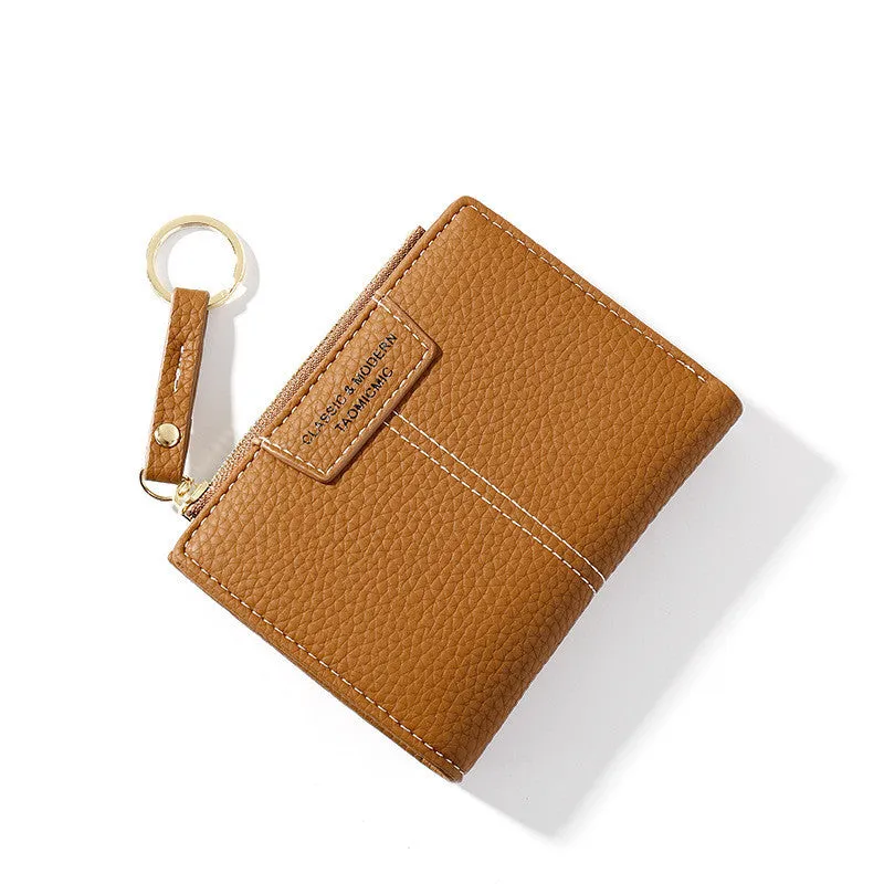 Women's PU leather short zipper two-fold wallet with card slots and coin purse in Korean style, black colour