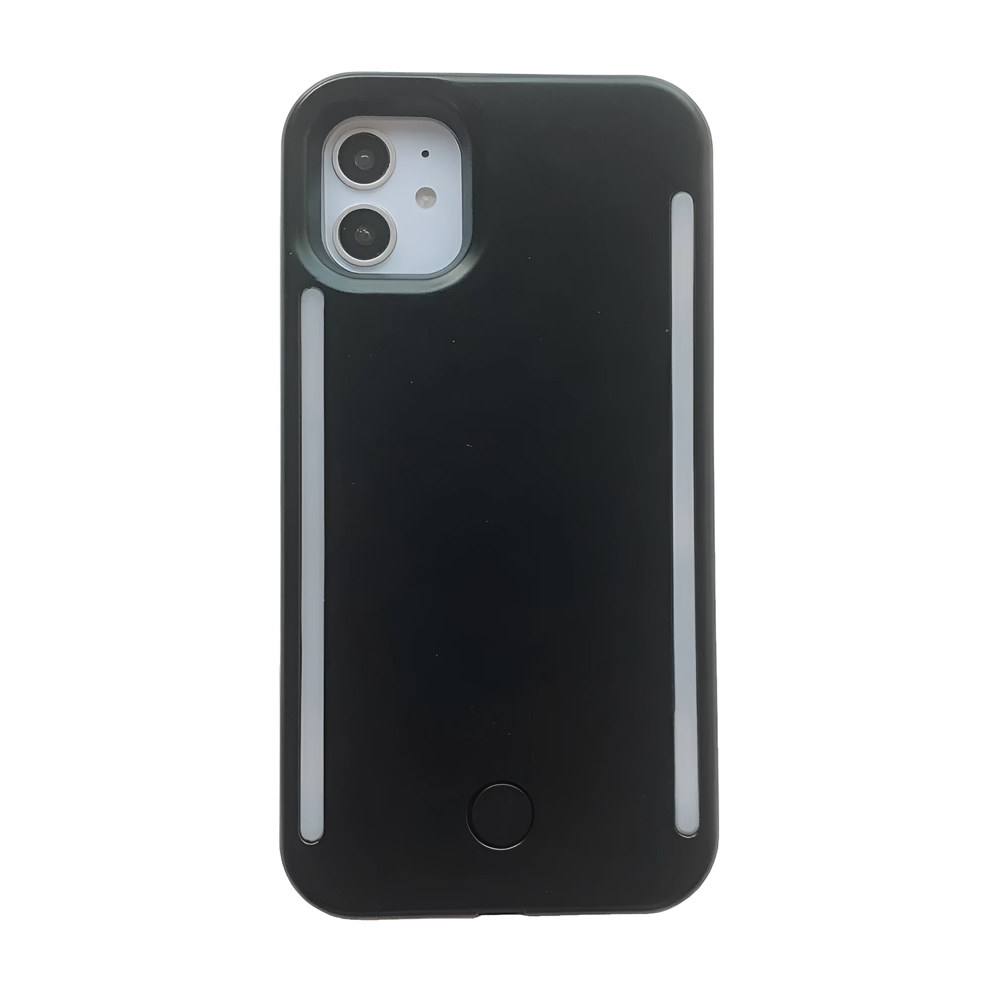 LED flash phone case for iPhone 11 Pro Max in black with glowing back panel and USB port