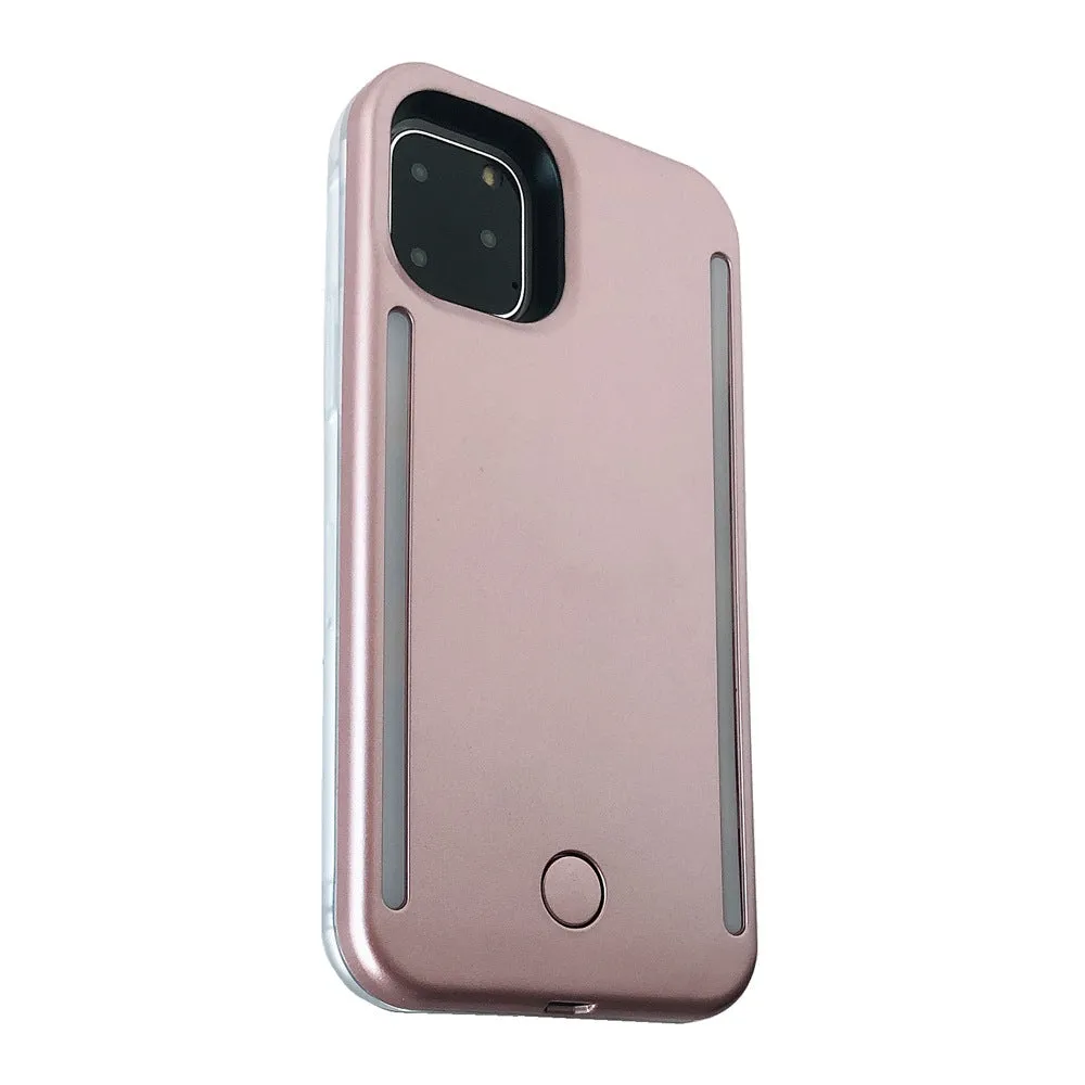 LED flash phone case for iPhone 11 Pro Max in black with glowing back panel and USB port