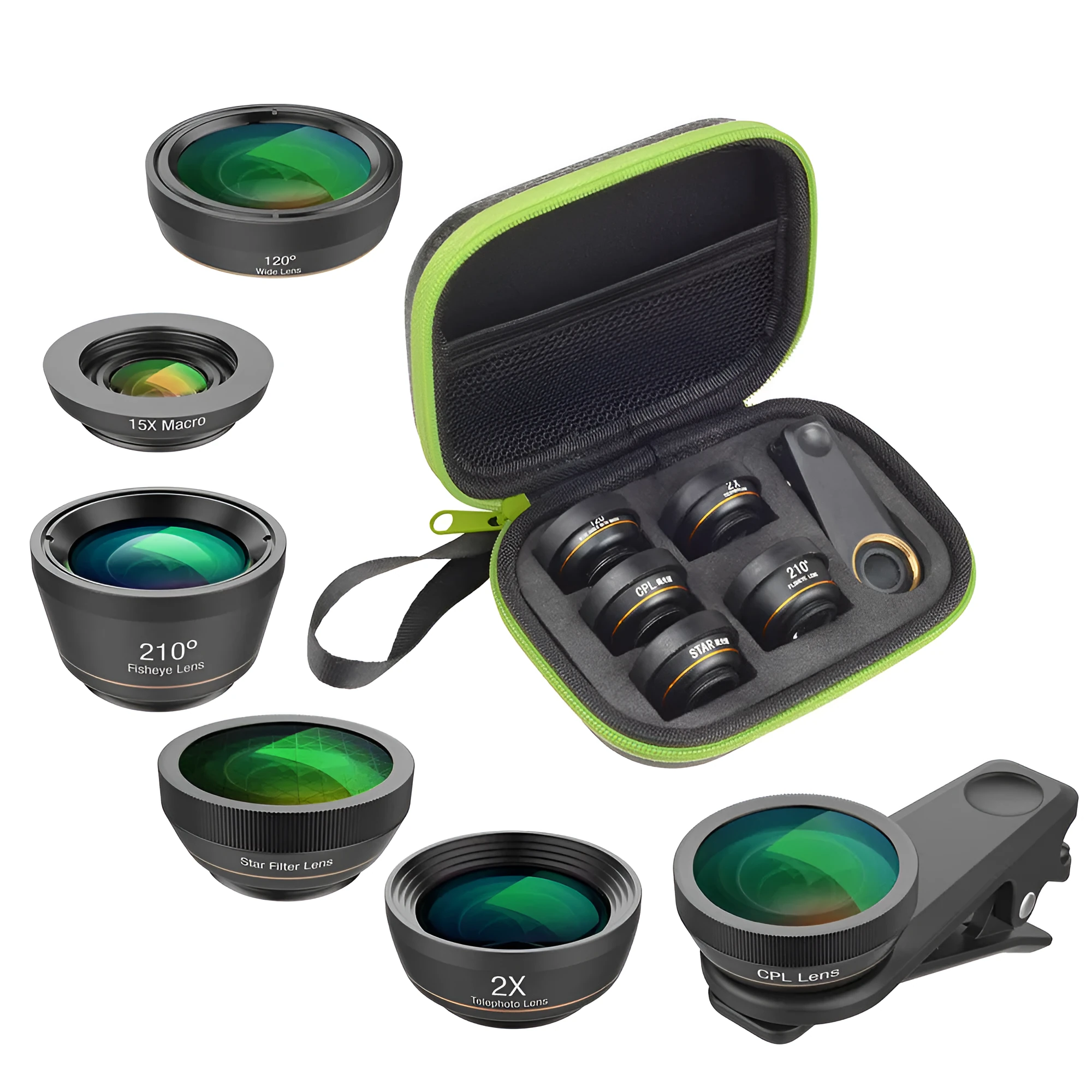 Black 6-in-1 universal smartphone camera lens kit with fisheye, macro, telephoto lenses and filters on a table.