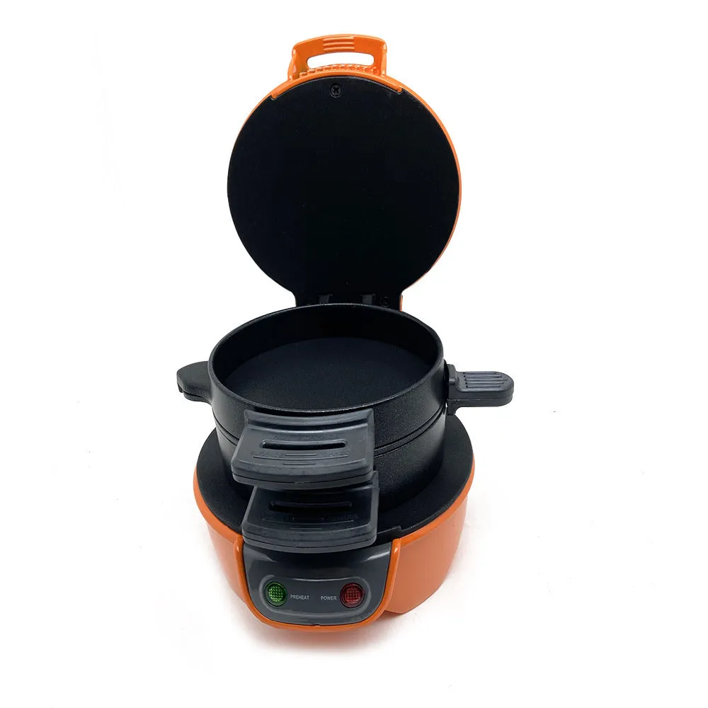 Bright red orange silver grey breakfast machine sandwich maker with egg cooker ring and waffle functions