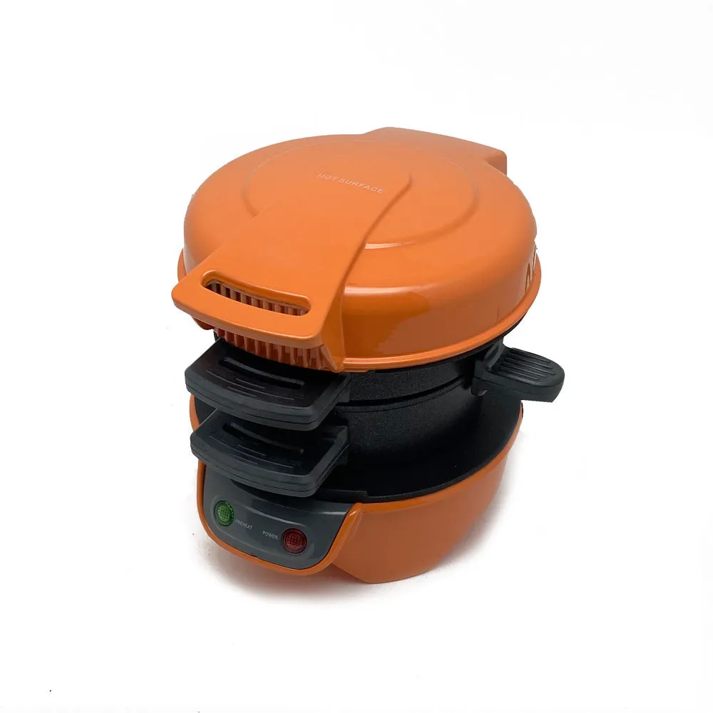 Bright red orange silver grey breakfast machine sandwich maker with egg cooker ring and waffle functions