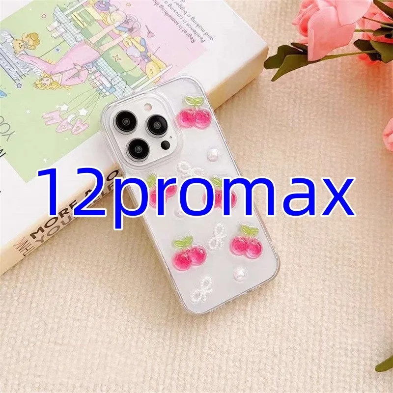 Epoxy three-dimensional cherry bow phone case in transparent finish showing decorative cherry and bow design on front