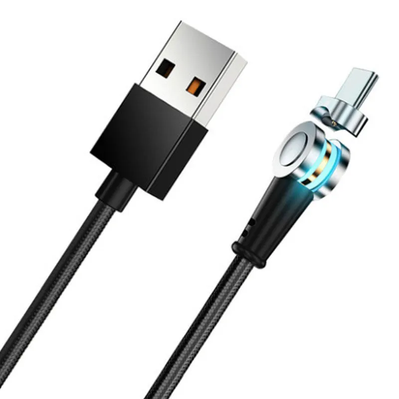 Rotating magnetic data cable in black with nylon braided line and aluminium alloy connectors, showing interchangeable tips for Android, iOS and Type-C