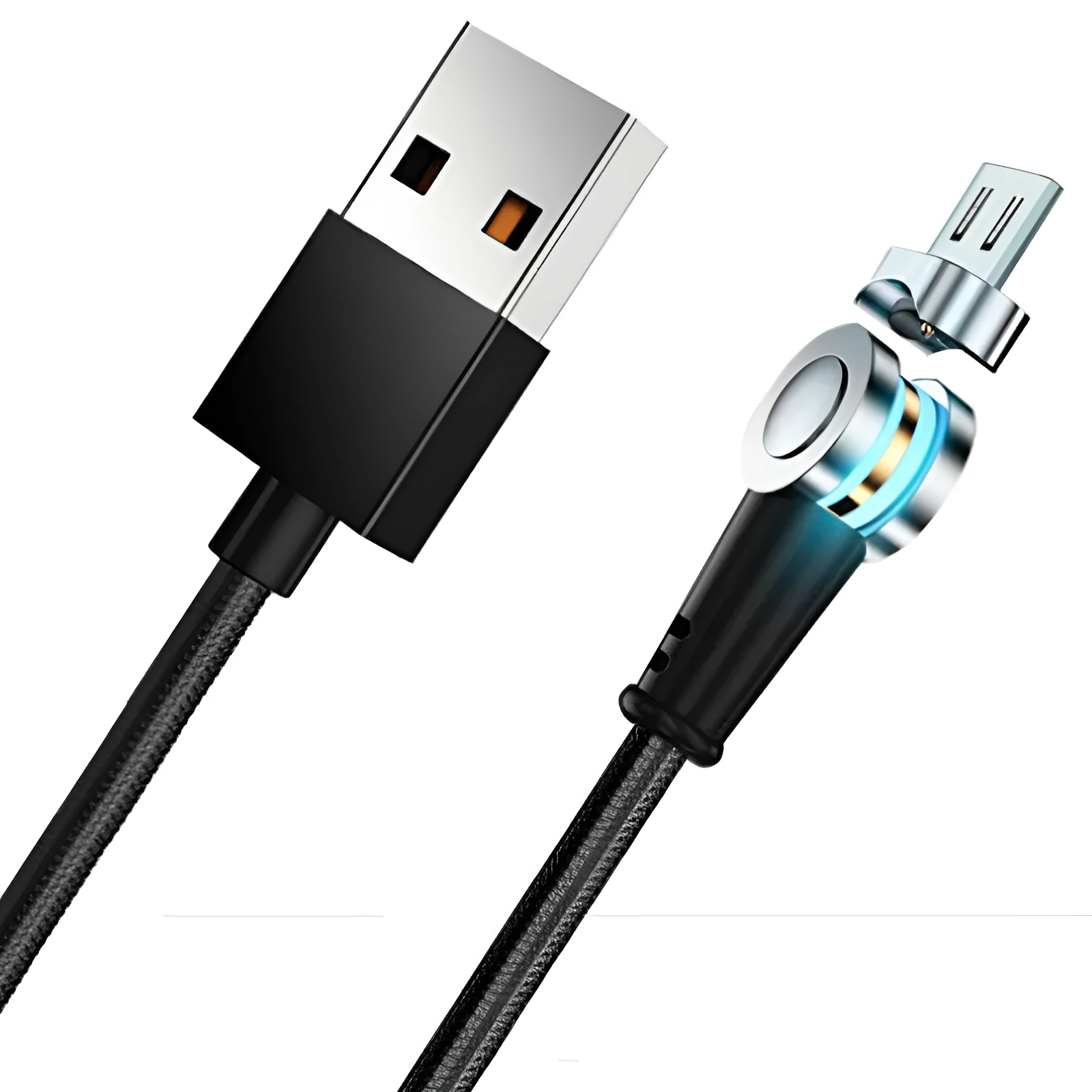 Rotating magnetic data cable in black with nylon braided line and aluminium alloy connectors, showing interchangeable tips for Android, iOS and Type-C