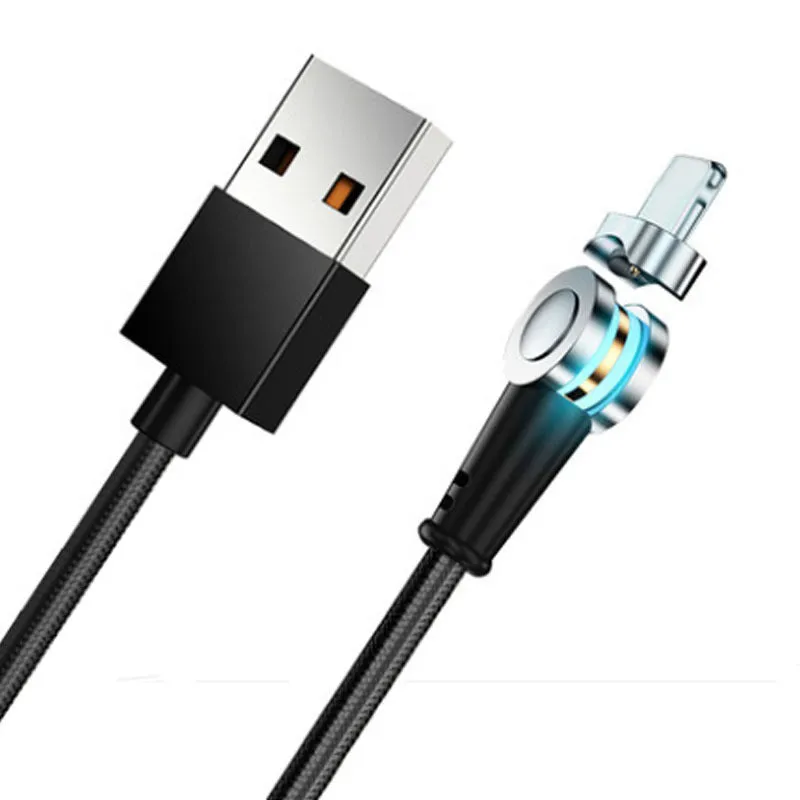 Rotating magnetic data cable in black with nylon braided line and aluminium alloy connectors, showing interchangeable tips for Android, iOS and Type-C