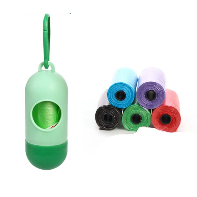 Six different coloured dog waste disposal bags showing black, blue, green, light blue, pink, and red options