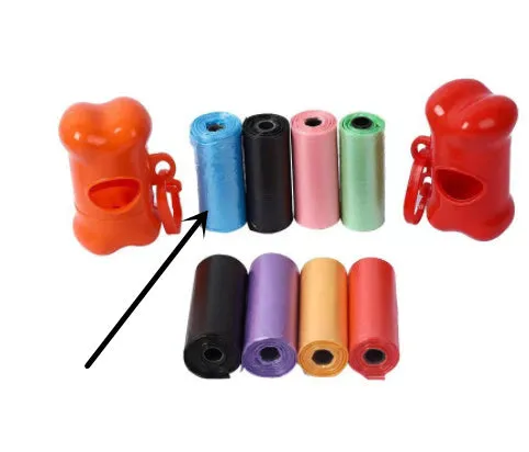 Six different coloured dog waste disposal bags showing black, blue, green, light blue, pink, and red options