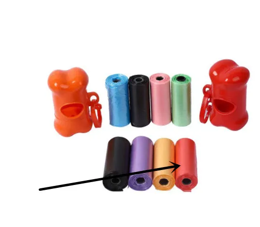 Six different coloured dog waste disposal bags showing black, blue, green, light blue, pink, and red options