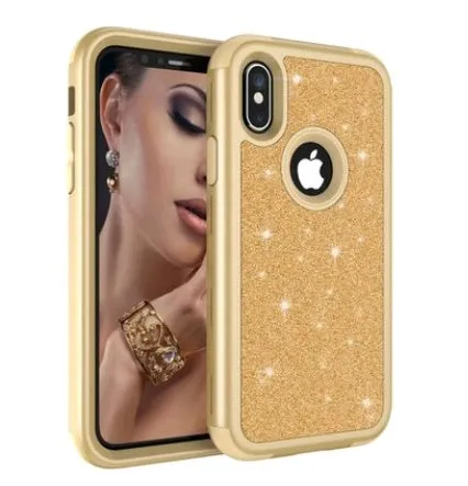 iPhoneX glitter powder cover with three-in-one all-inclusive design in black PC and silicone case