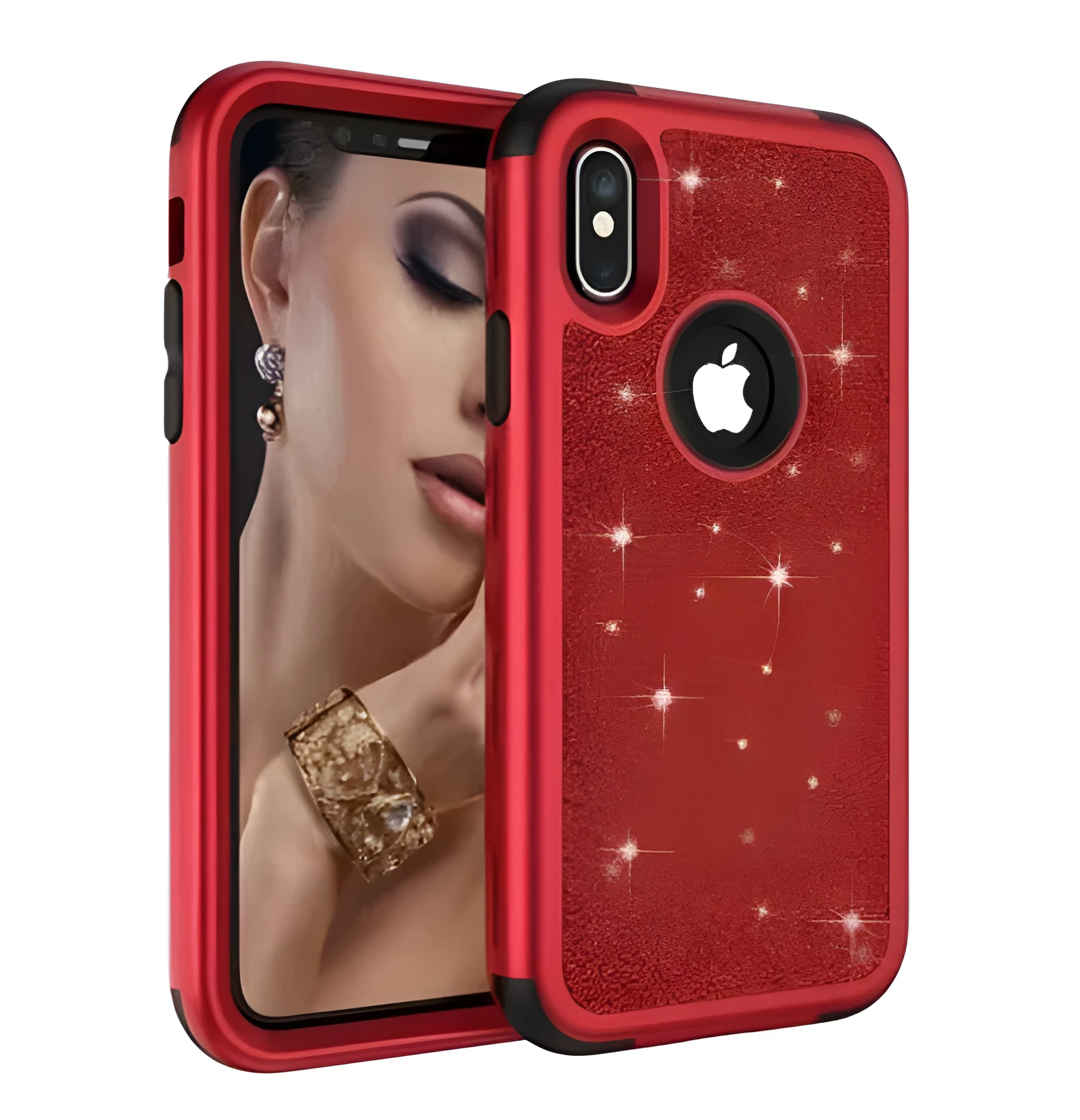 iPhoneX glitter powder cover with three-in-one all-inclusive design in black PC and silicone case