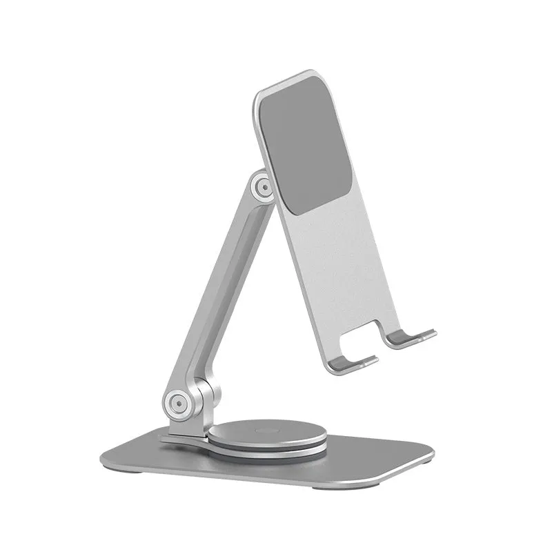 Aluminium alloy rotary desktop phone holder with silicone pad, silver grey finish, unfolded on desk