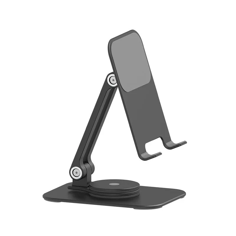 Aluminium alloy rotary desktop phone holder with silicone pad, silver grey finish, unfolded on desk