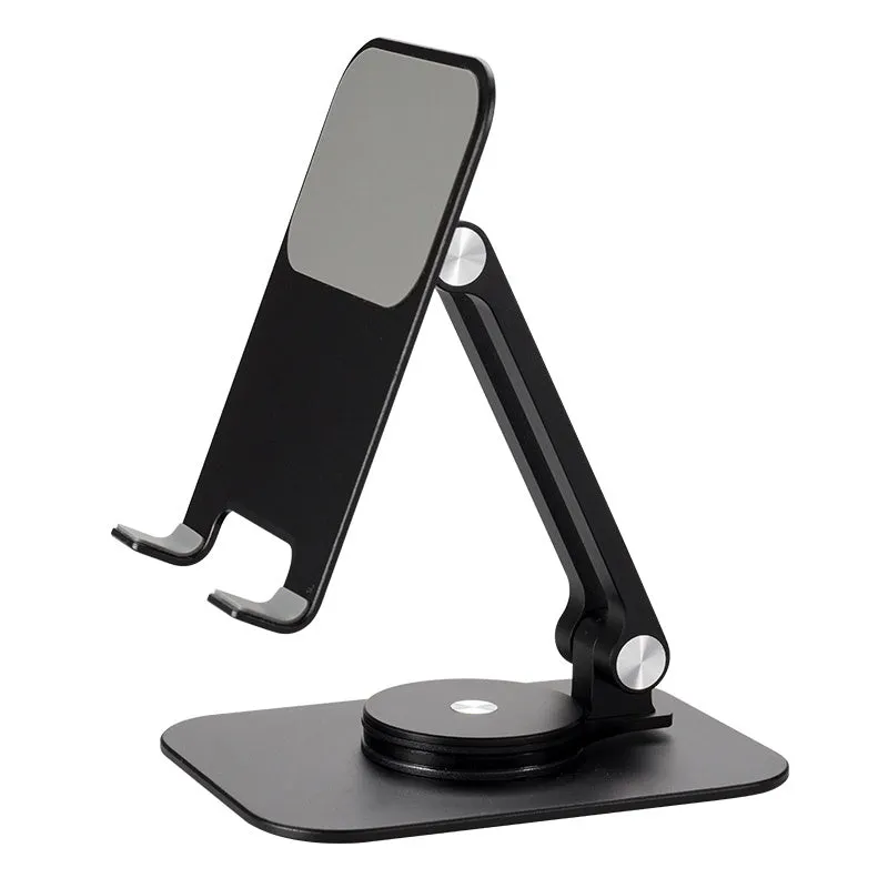 Aluminium alloy rotary desktop phone holder with silicone pad, silver grey finish, unfolded on desk