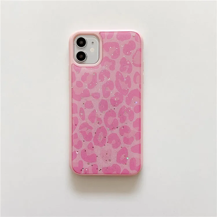 Epoxy resin phone case with leopard print and gold foil design for iPhone, pink colour