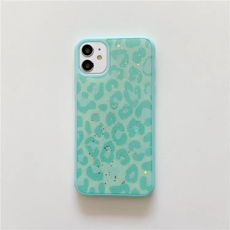 Epoxy resin phone case with leopard print and gold foil design for iPhone, pink colour