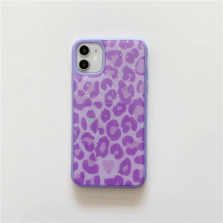 Epoxy resin phone case with leopard print and gold foil design for iPhone, pink colour