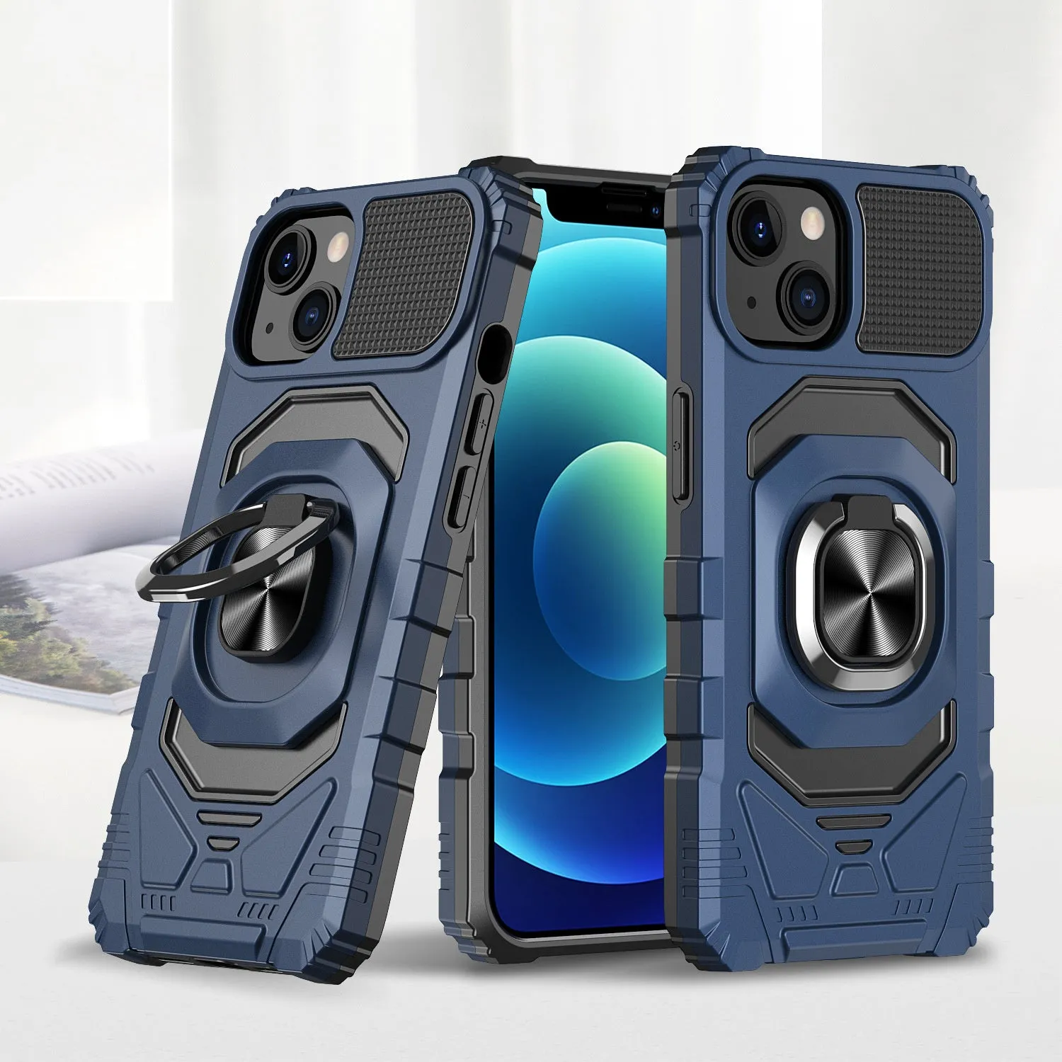 Magnetic ring car phone case with 2-in-1 TPU PC shockproof design for iPhone in graphite black