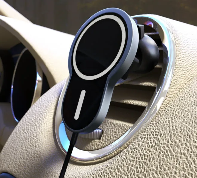 Black magnetic wireless car charger bracket for iPhone, Huawei, Samsung with USB connection