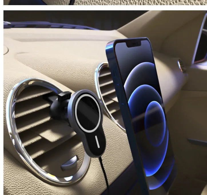 Black magnetic wireless car charger bracket for iPhone, Huawei, Samsung with USB connection