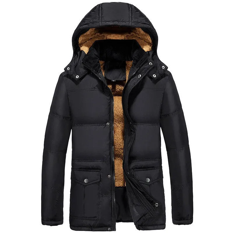 Man in a black double-breasted hooded padded jacket with a velvet lining.