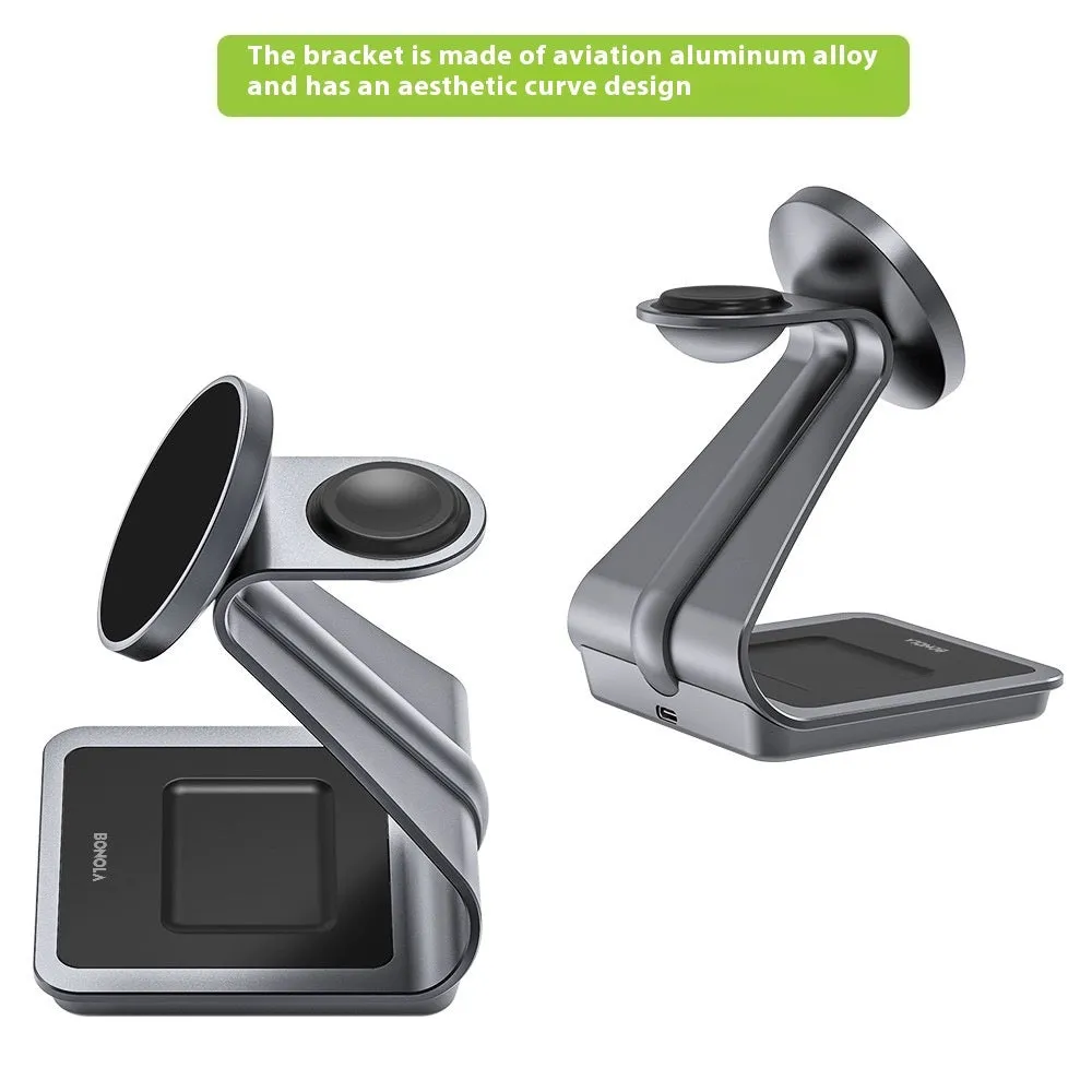 3-in-1 metal magnetic wireless charger stand charging iPhone, Apple Watch and AirPods on desk