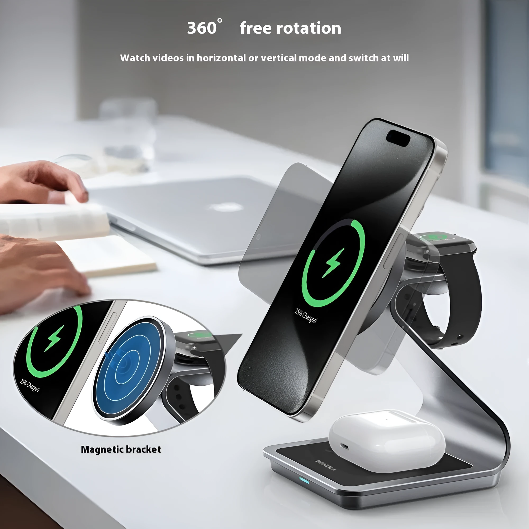 3-in-1 metal magnetic wireless charger stand charging iPhone, Apple Watch and AirPods on desk