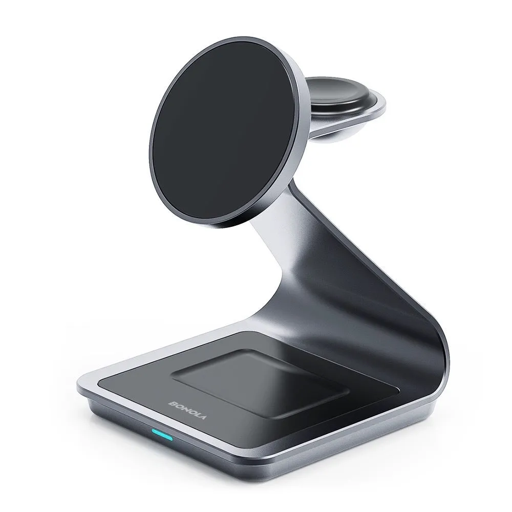 3-in-1 metal magnetic wireless charger stand charging iPhone, Apple Watch and AirPods on desk