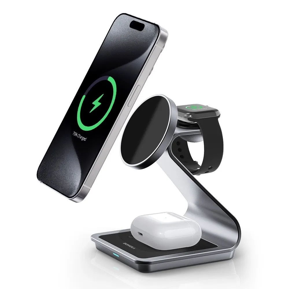 3-in-1 metal magnetic wireless charger stand charging iPhone, Apple Watch and AirPods on desk