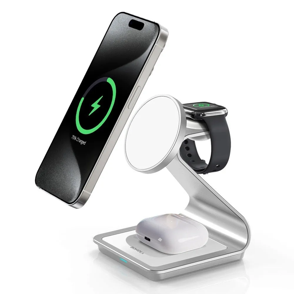 3-in-1 metal magnetic wireless charger stand charging iPhone, Apple Watch and AirPods on desk