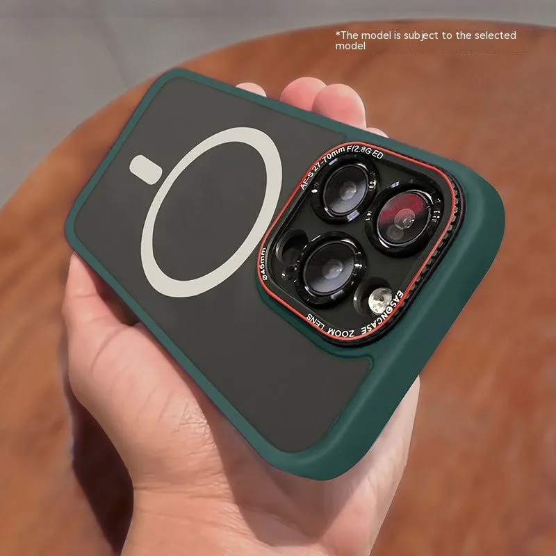 Frosted magnetic phone case for iPhone with black finish and wireless charging ring