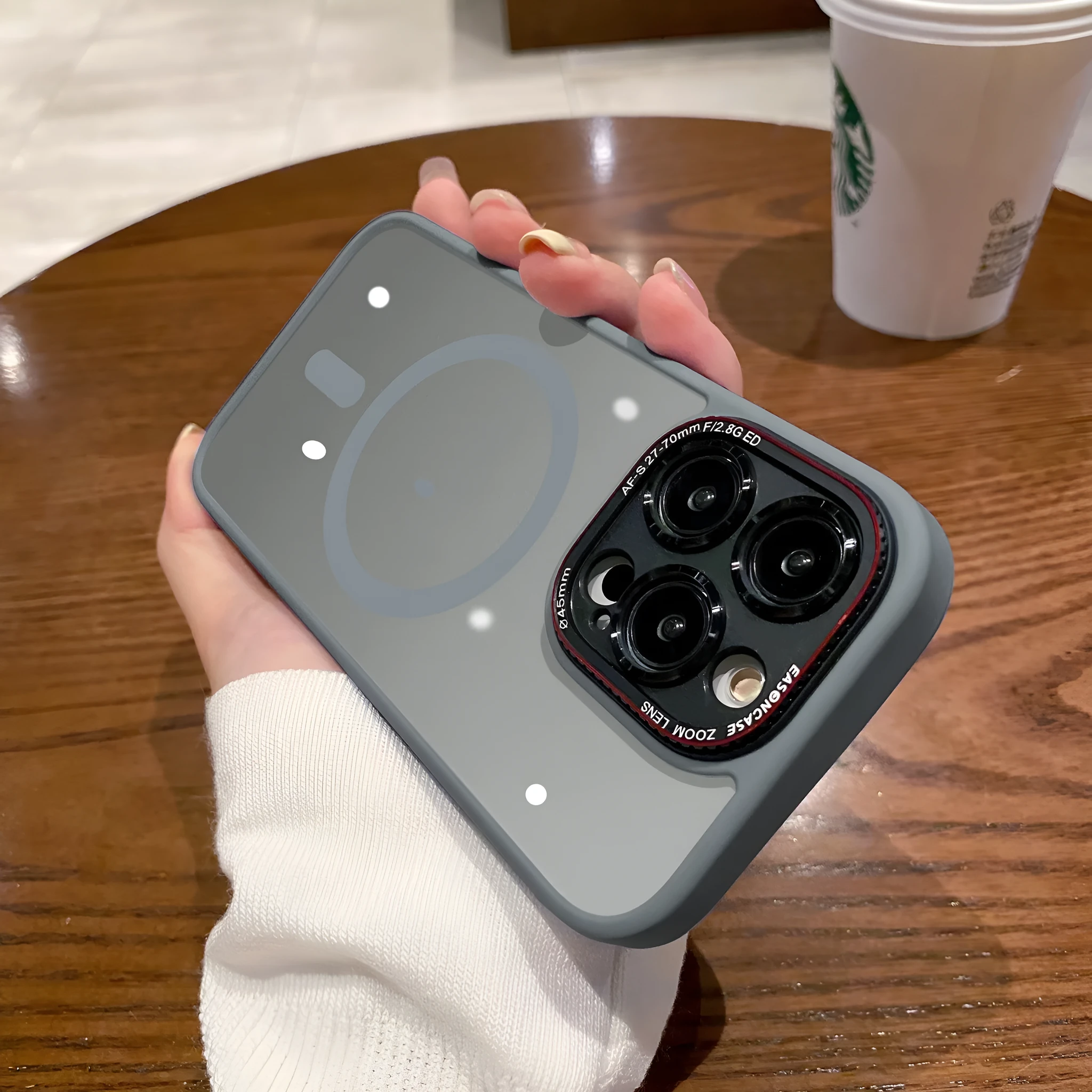 Frosted magnetic phone case for iPhone with black finish and wireless charging ring