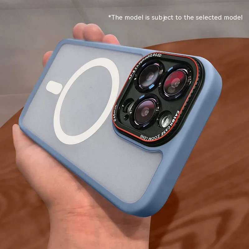 Frosted magnetic phone case for iPhone with black finish and wireless charging ring