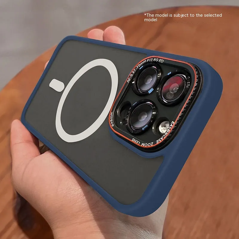 Frosted magnetic phone case for iPhone with black finish and wireless charging ring