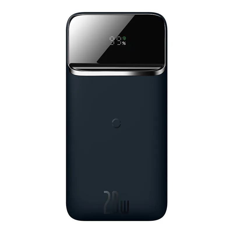 Black magnetic wireless power bank clipped onto an iPhone 12 showing 10000mAh capacity and two-way fast charging support