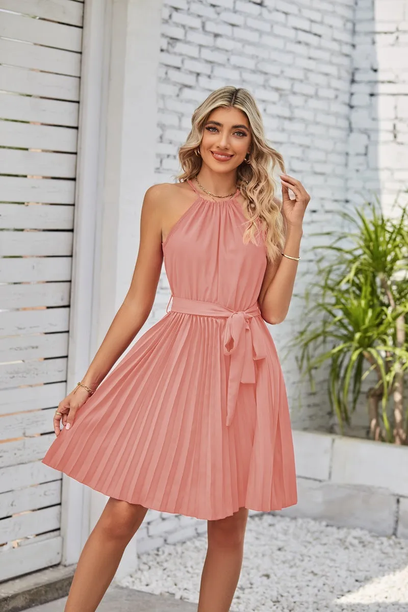 Women's black halter neck strapless sundress with a pleated chiffon skirt and an adjustable waist belt.