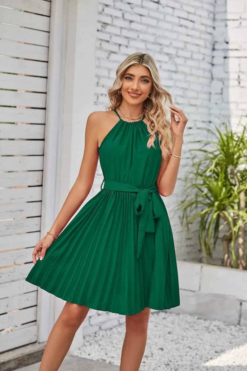 Women's black halter neck strapless sundress with a pleated chiffon skirt and an adjustable waist belt.