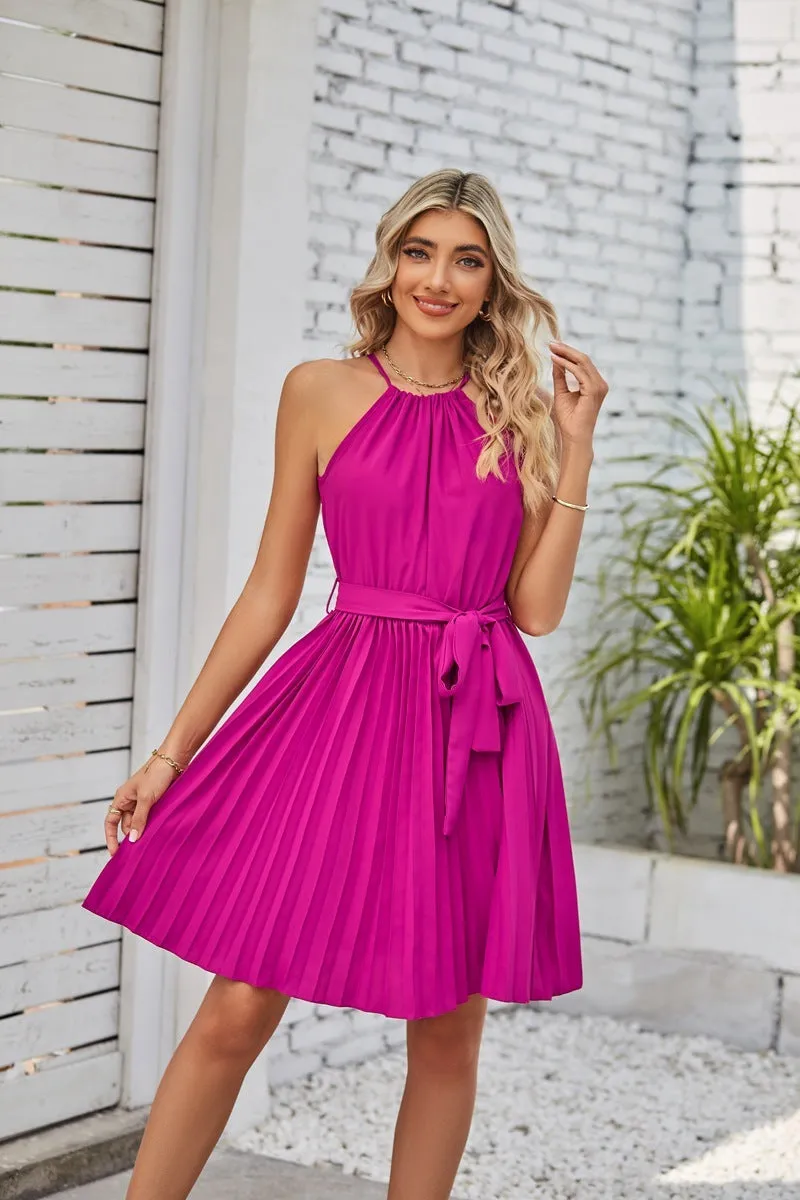 Women's black halter neck strapless sundress with a pleated chiffon skirt and an adjustable waist belt.