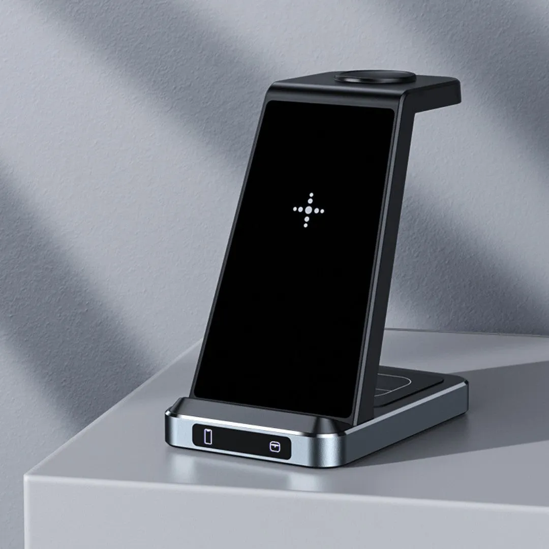 X2 three-in-one wireless charger in black charging a phone, watch, and earbuds