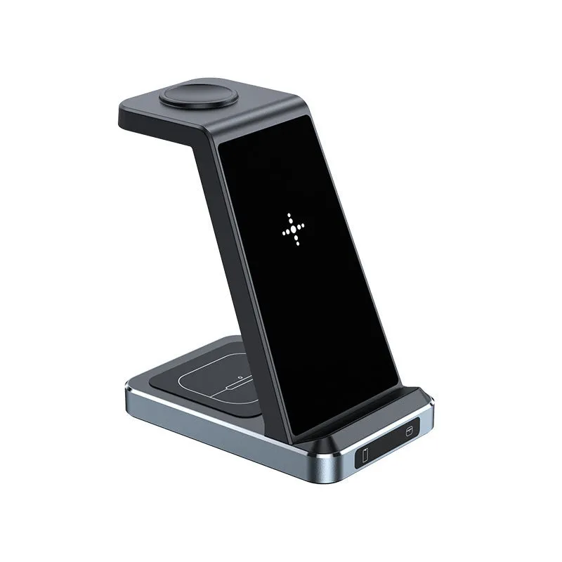 X2 three-in-one wireless charger in black charging a phone, watch, and earbuds