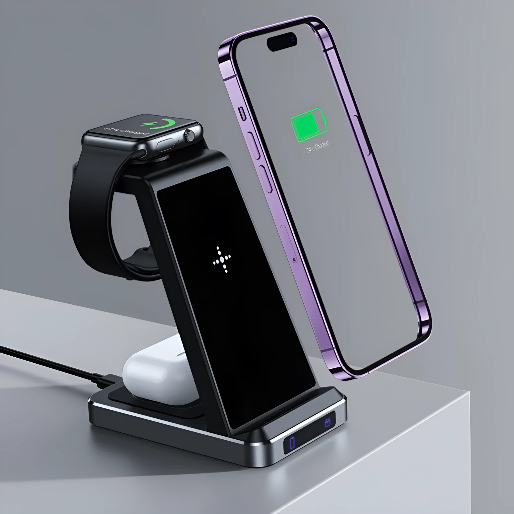 X2 three-in-one wireless charger in black charging a phone, watch, and earbuds