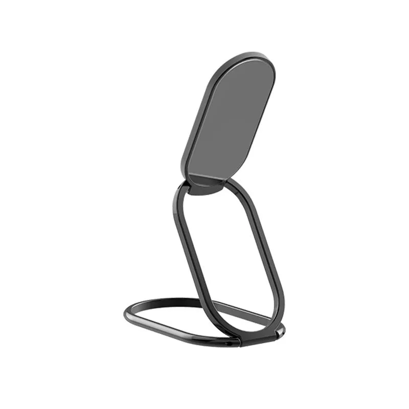 Ring buckle metal magnetic folding lazy phone holder on a desktop in black.