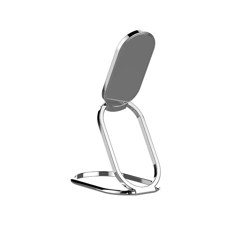 Ring buckle metal magnetic folding lazy phone holder on a desktop in black.