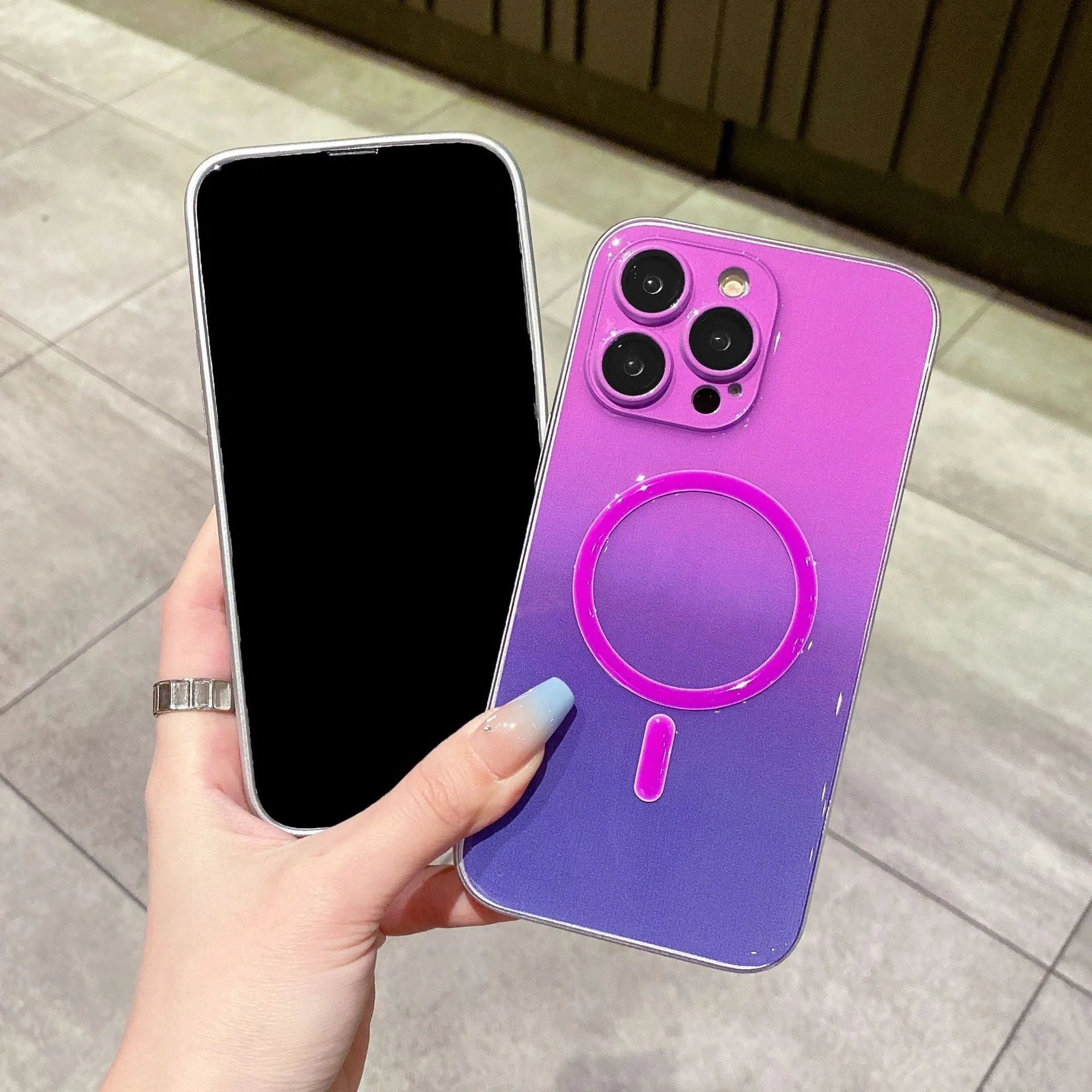 Luminous magnetic suction phone case gradient purple blue for iPhone 12 Pro Max TPU PC embossed