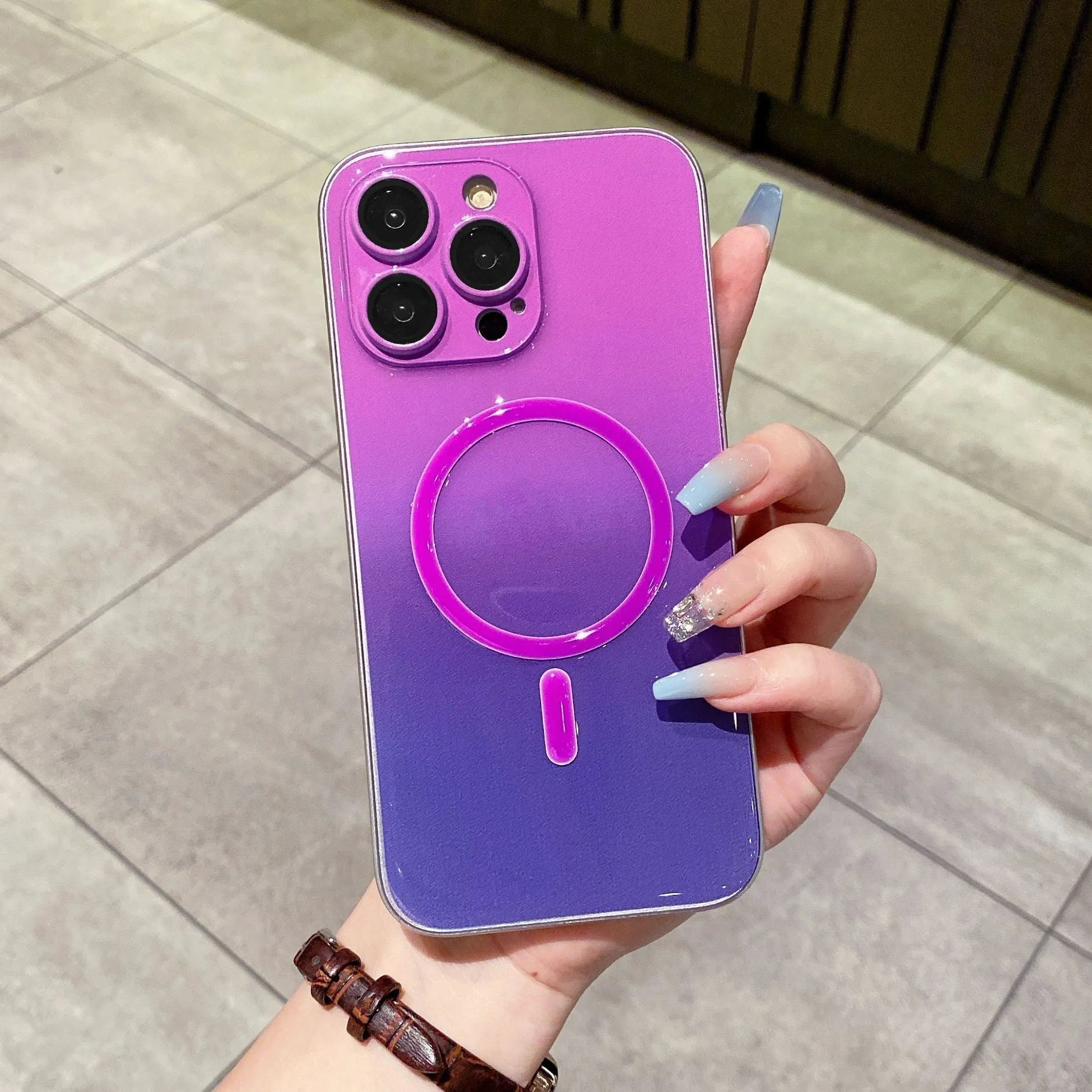 Luminous magnetic suction phone case gradient purple blue for iPhone 12 Pro Max TPU PC embossed